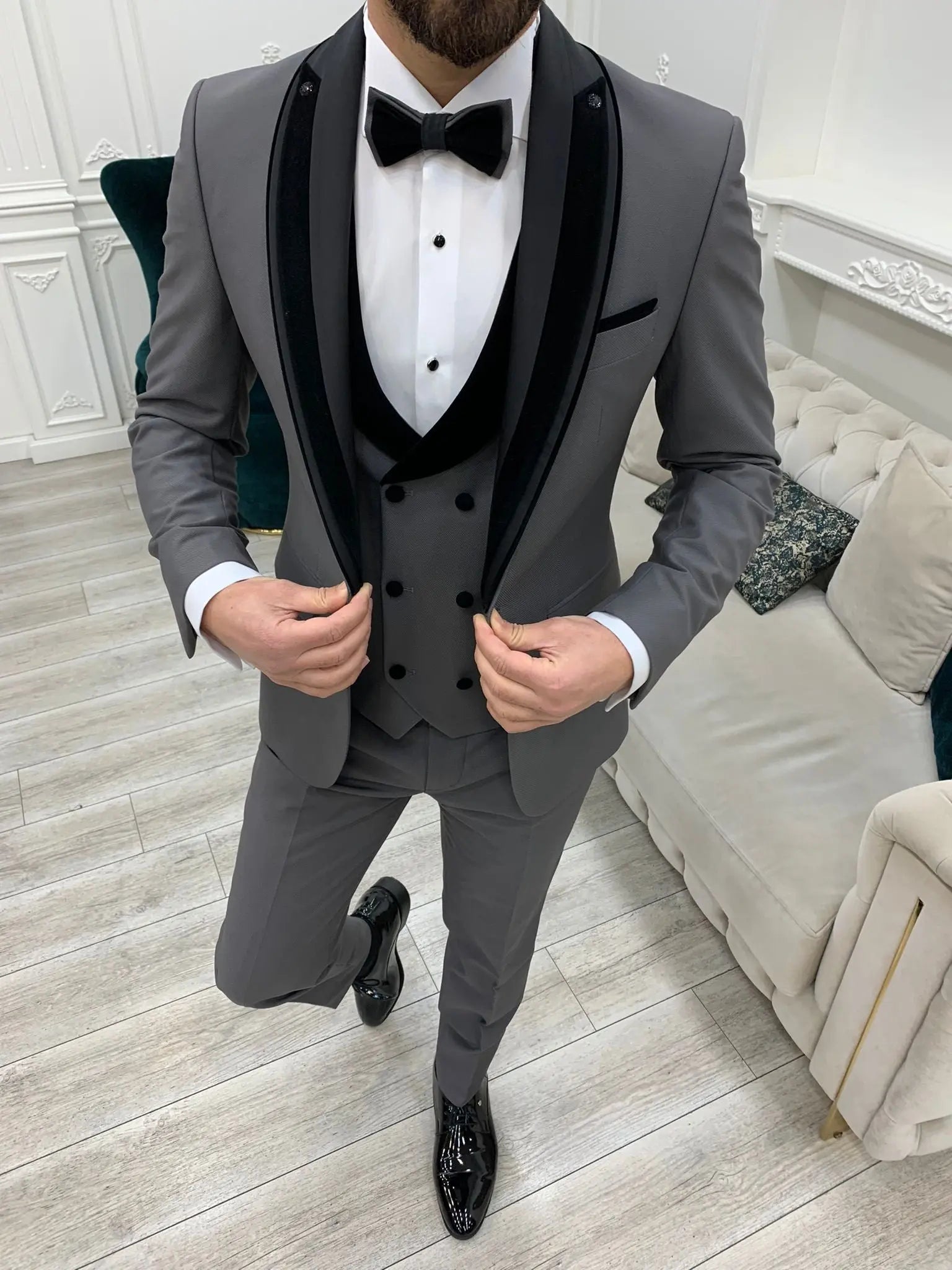 Eden Gray Slim Fit Velvet Satin Shawl Lapel Tuxedo - BRABION