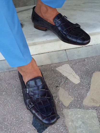 Livorno Navy Blue Double Monk Strap Loafers - BRABION