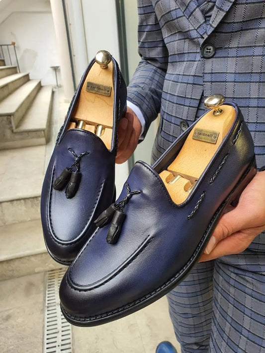 Fort Worth Navy Blue Tassel Loafer - Sophisticated Leather Footwear - BRABION