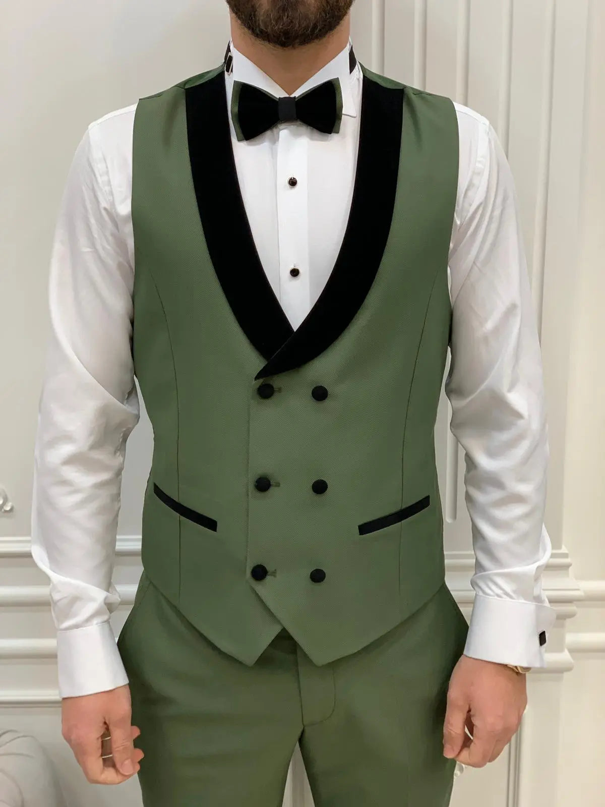 Eden Light Green Slim Fit Velvet Peak Lapel Tuxedo - BRABION