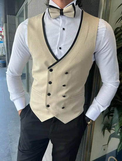 Bensen Slim Fit Mono Collared Beige Groom Suit - BRABION