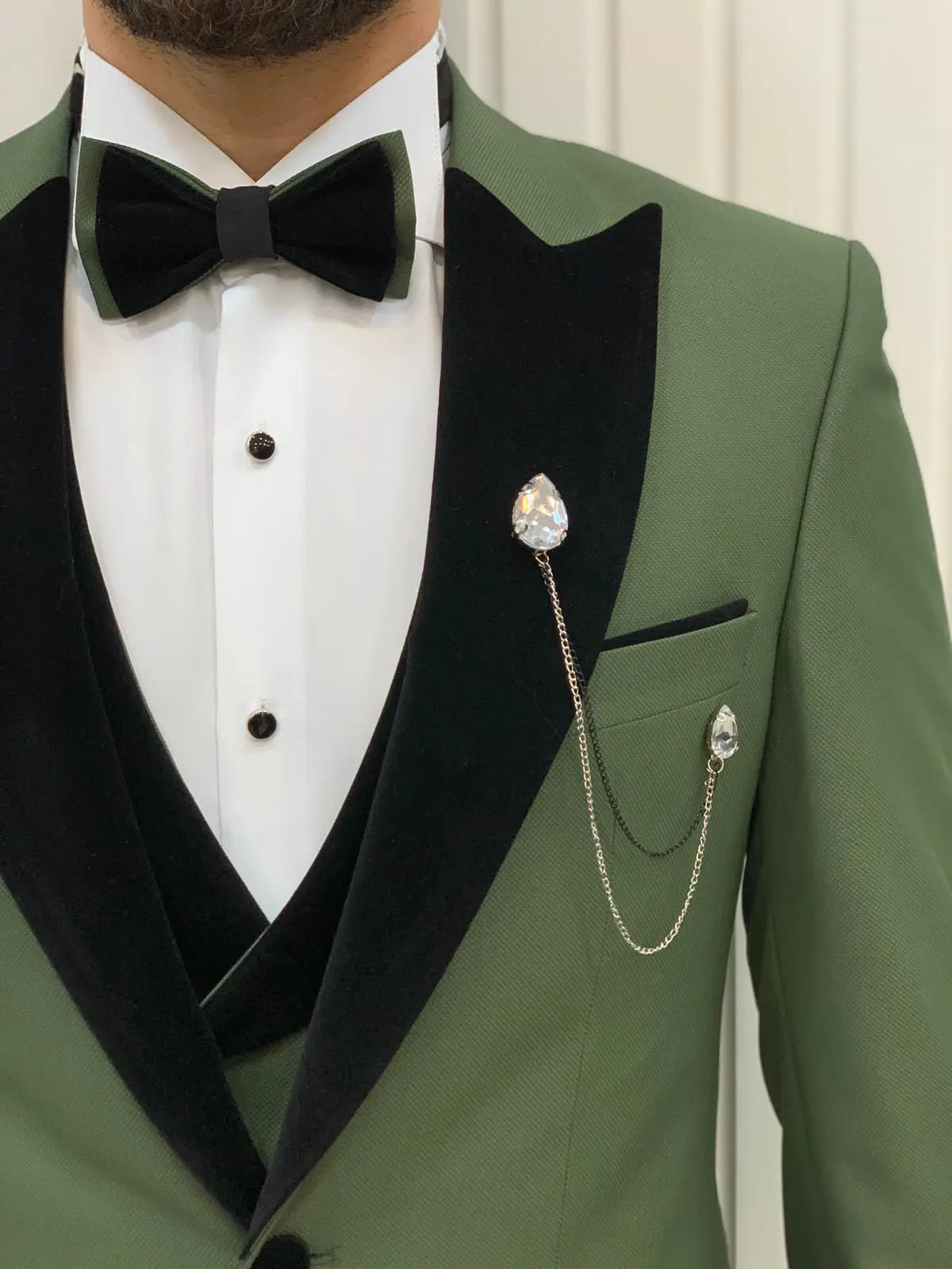 Eden Light Green Slim Fit Velvet Peak Lapel Tuxedo - BRABION