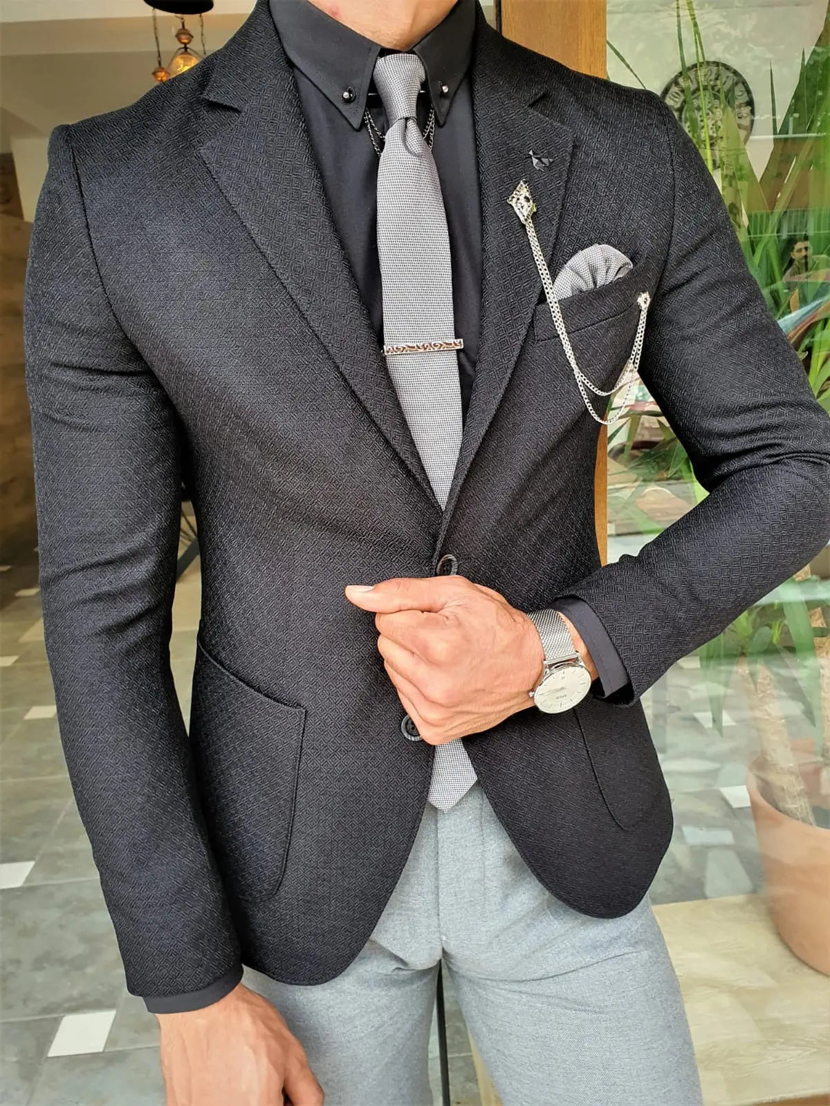 Men's Jet Black Slim Fit Three-Piece Suit BOJONI