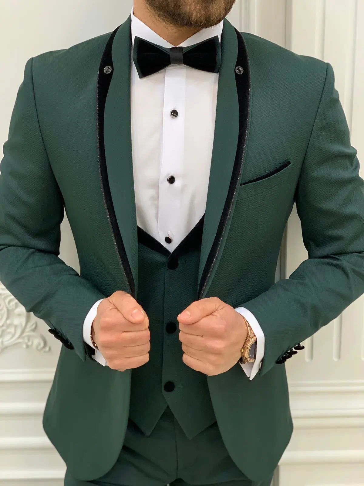 Infinite Green Slim Fit Velvet Peak Lapel Tuxedo - BRABION
