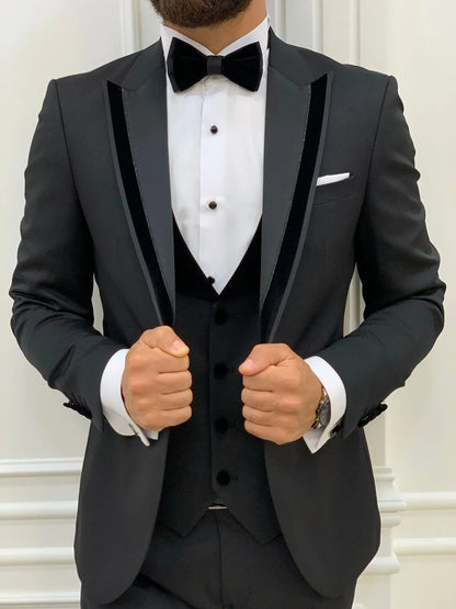 Edmond Black Slim Fit Velvet Peak Lapel Tuxedo - BRABION