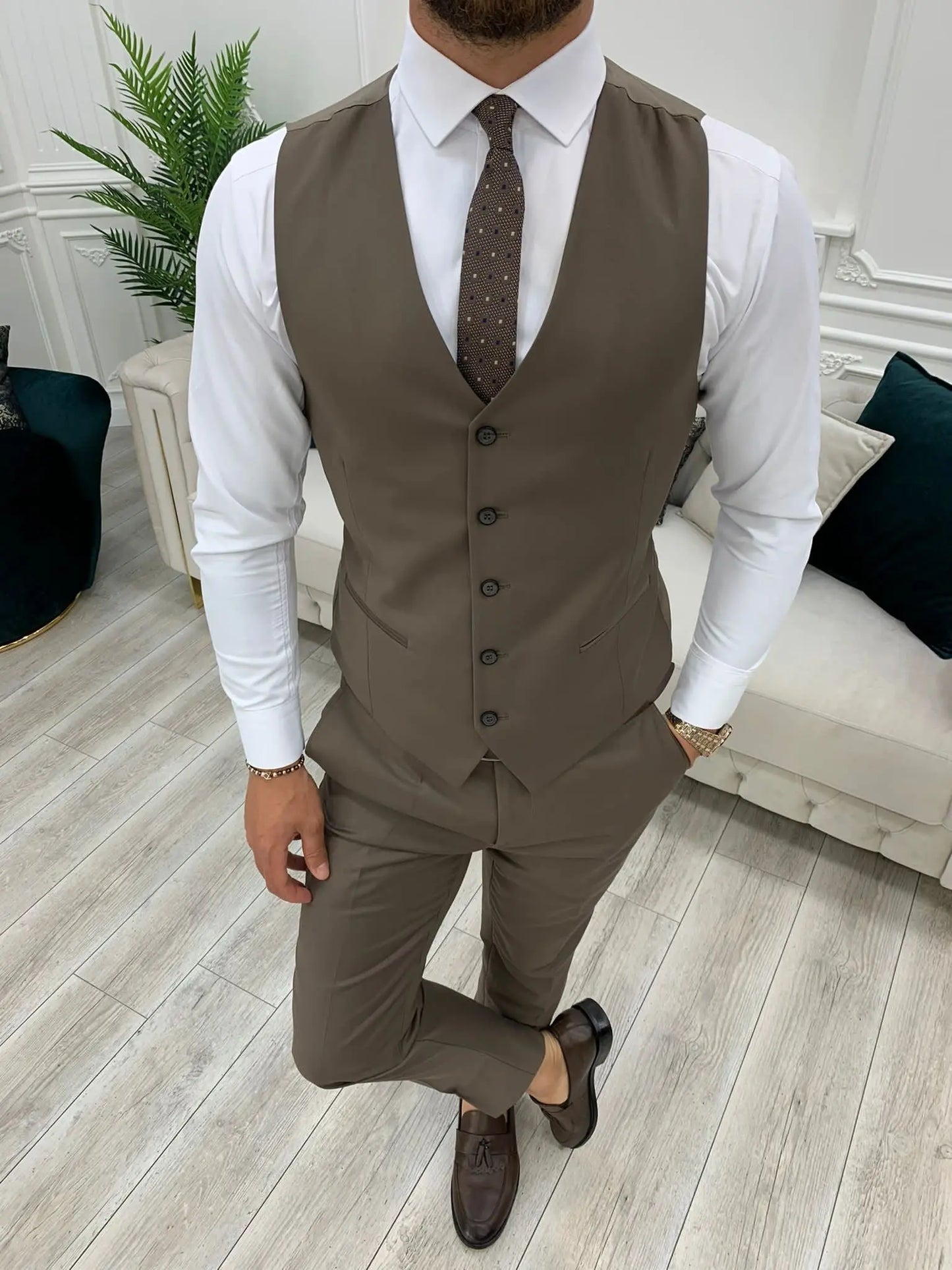 Lance Coffee Slim Fit Three-Piece Suit BOJONI