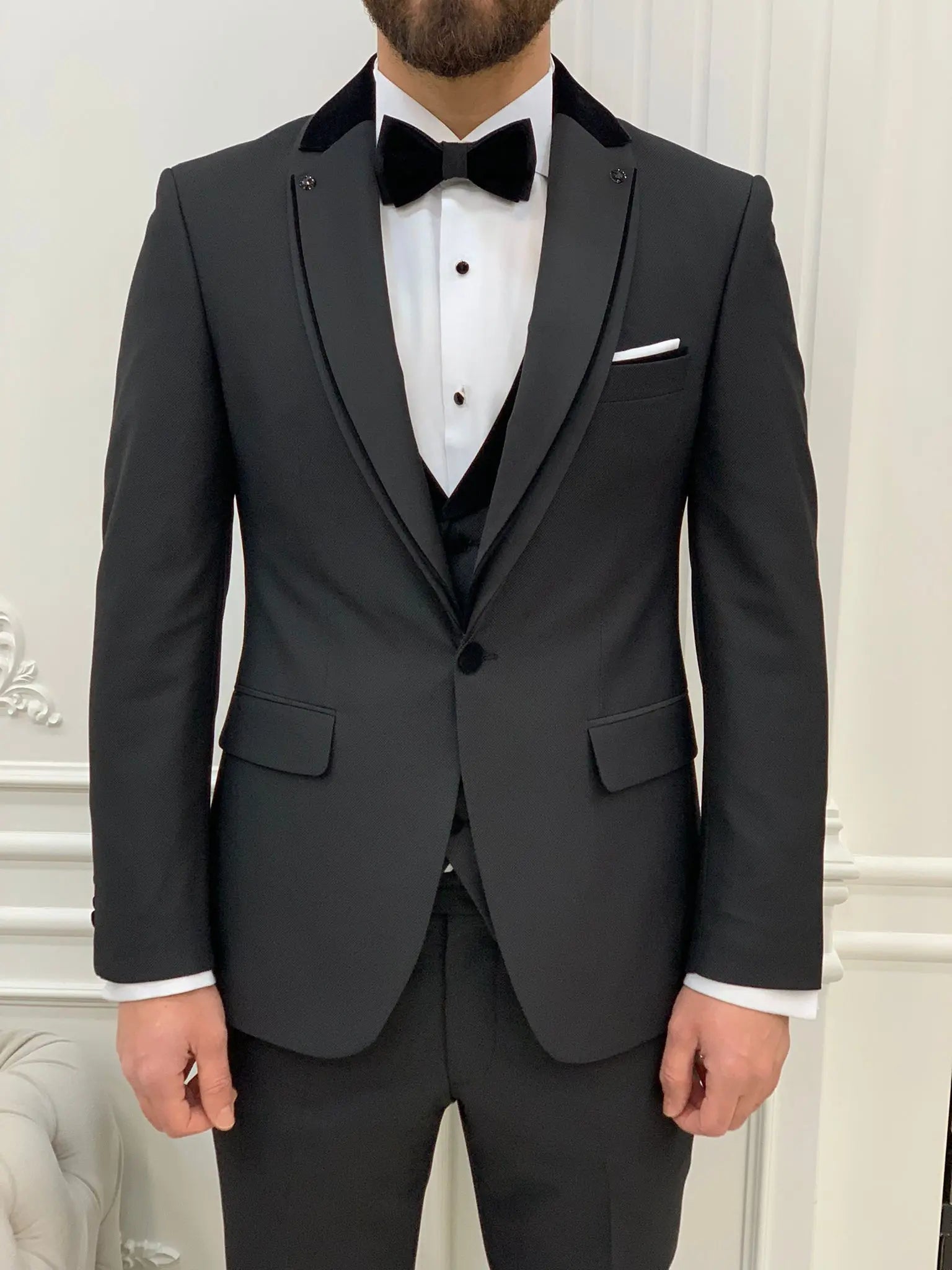 Glendale Black Slim Fit Velvet Satin Shawl Lapel Tuxedo - BRABION