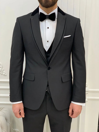 Glendale Black Slim Fit Velvet Satin Shawl Lapel Tuxedo - BRABION