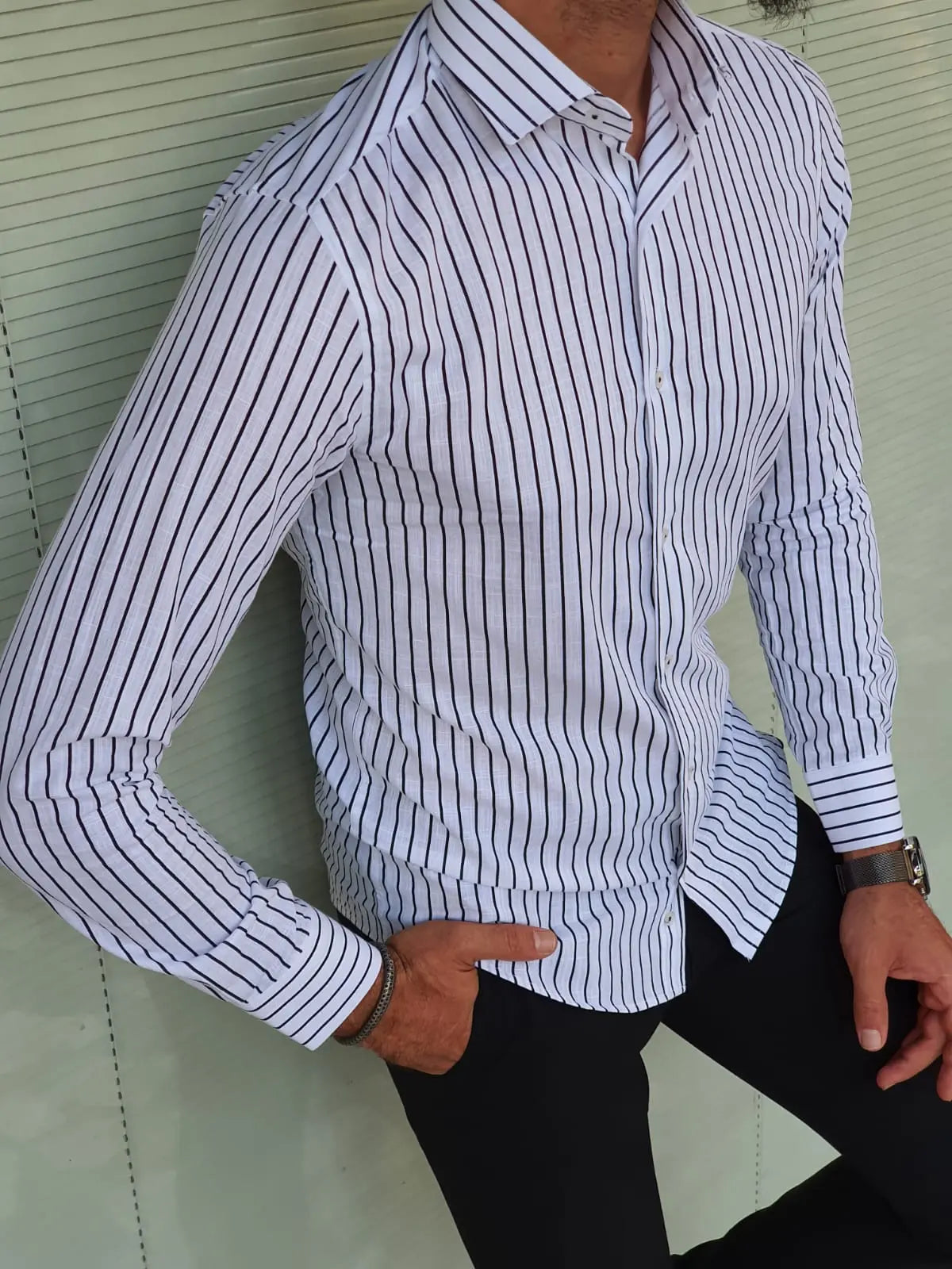 Brabion Berton Black Slim Fit Long Sleeve Striped Cotton Shirt - BRABION