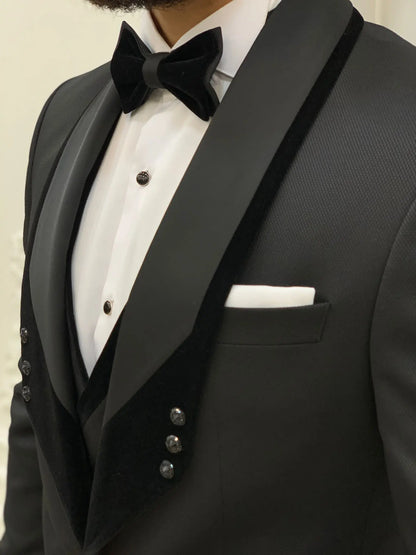 Infinite Black Slim Fit Velvet Shawl Lapel Tuxedo - BRABION