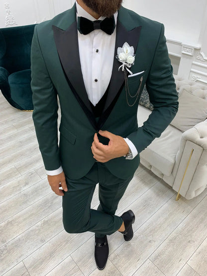 Infinite Green Slim Fit Velvet Peak Lapel Tuxedo - BRABION