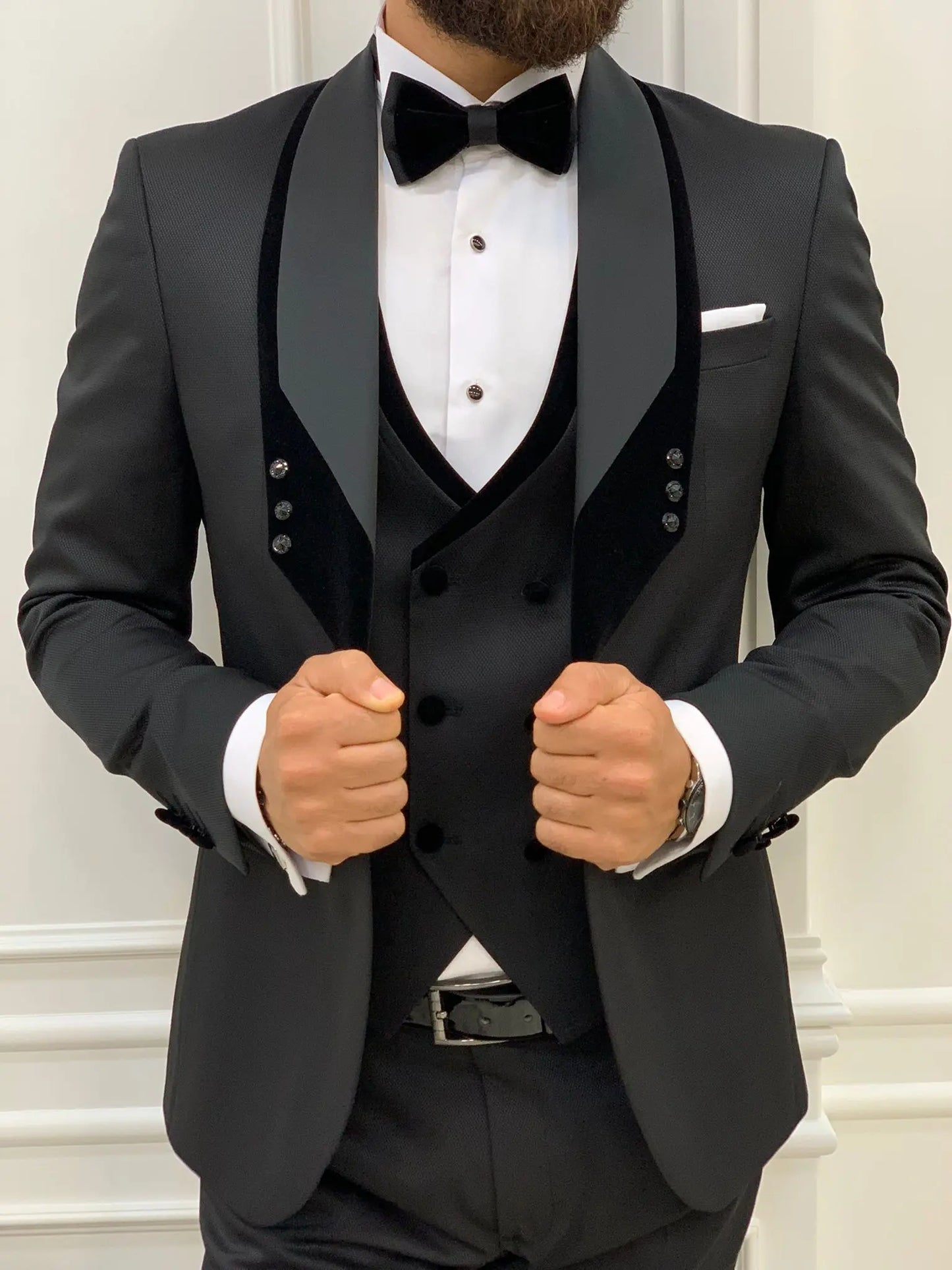 Infinite Black Slim Fit Velvet Shawl Lapel Tuxedo - BRABION