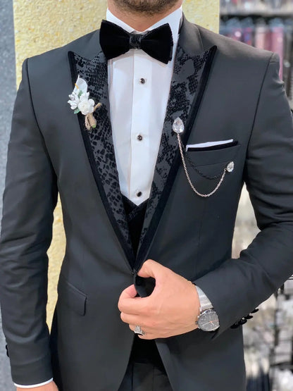Genova Black Slim Fit Peak Lapel Tuxedo for Elegant Occasions - BRABION