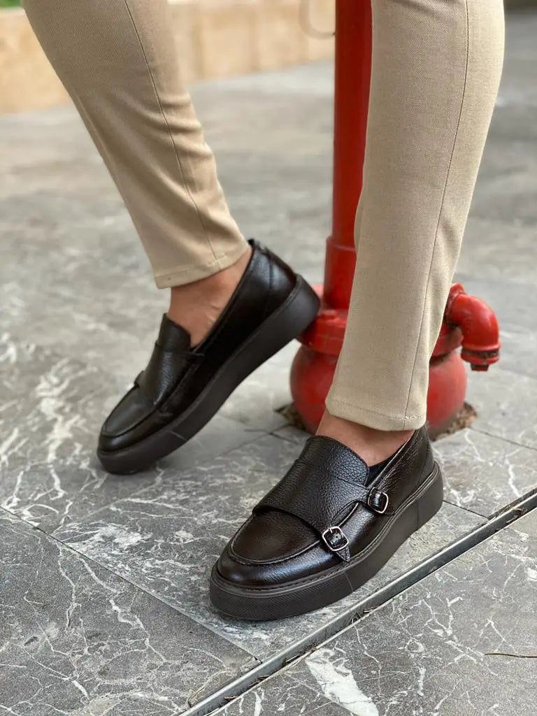 Remy Brown Double Monk Strap Loafers - Elegant Leather Footwear for Men - BRABION
