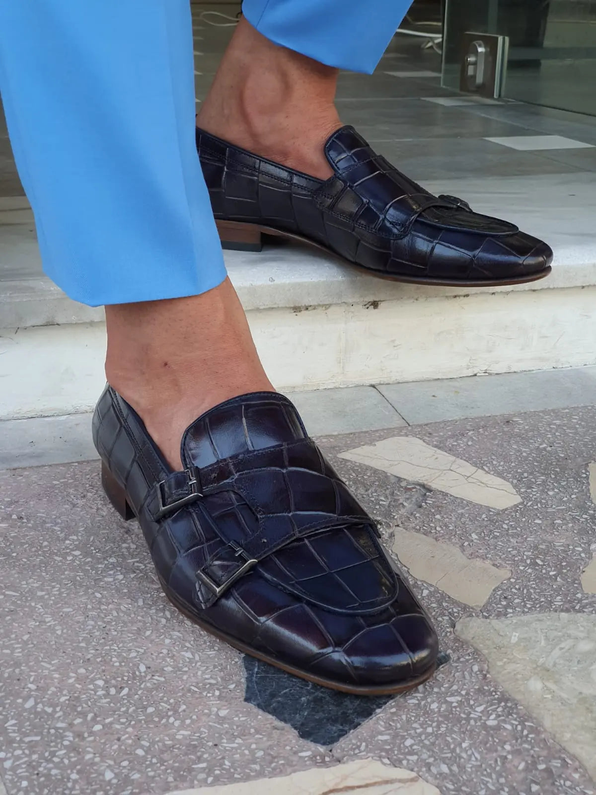 Livorno Navy Blue Double Monk Strap Loafers - BRABION