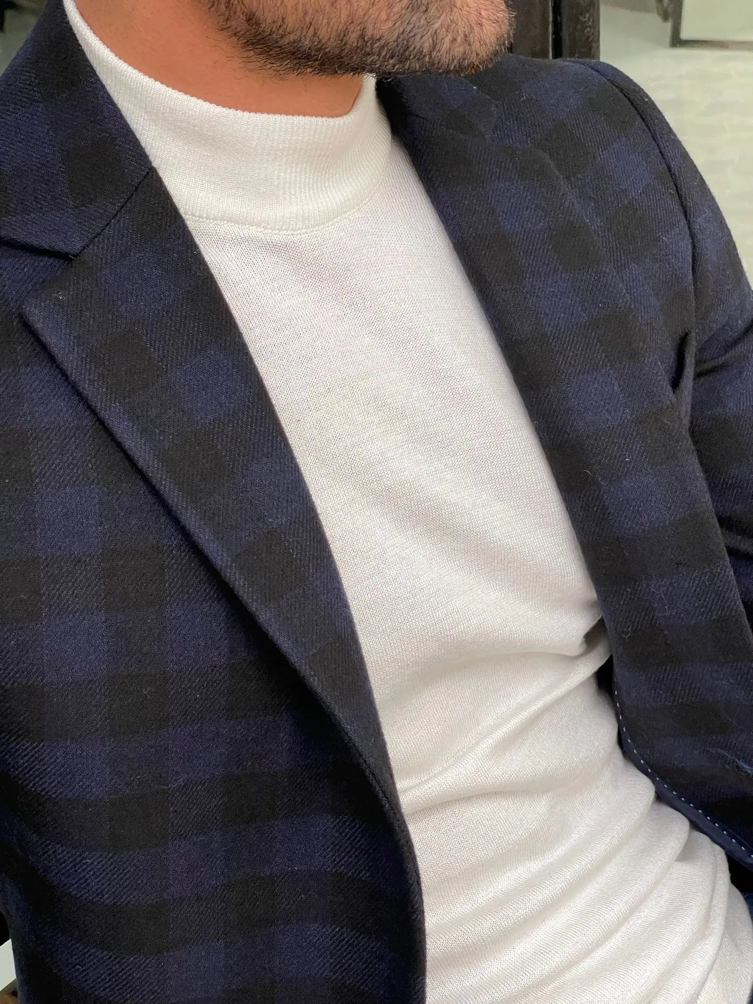 Melbourne Navy Blue Slim Fit Plaid Wool Long Coat - BRABION