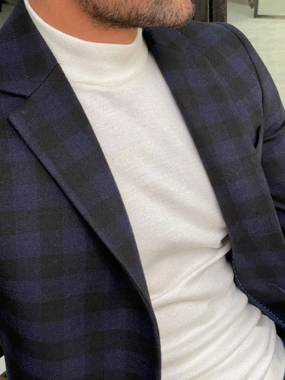 Melbourne Navy Blue Slim Fit Plaid Wool Long Coat - BRABION