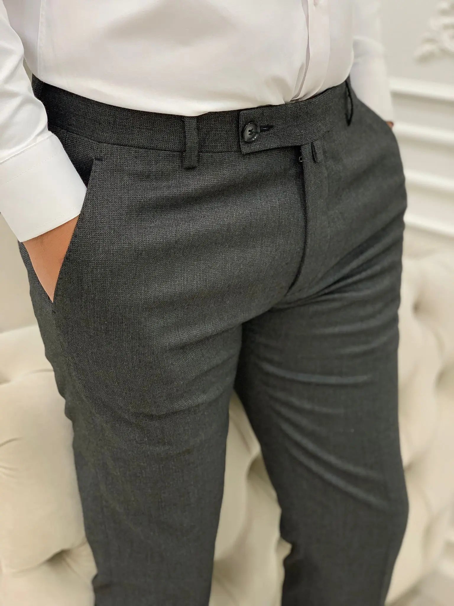 Grey Italian Style Slim Fit Trousers for Men - BRABION