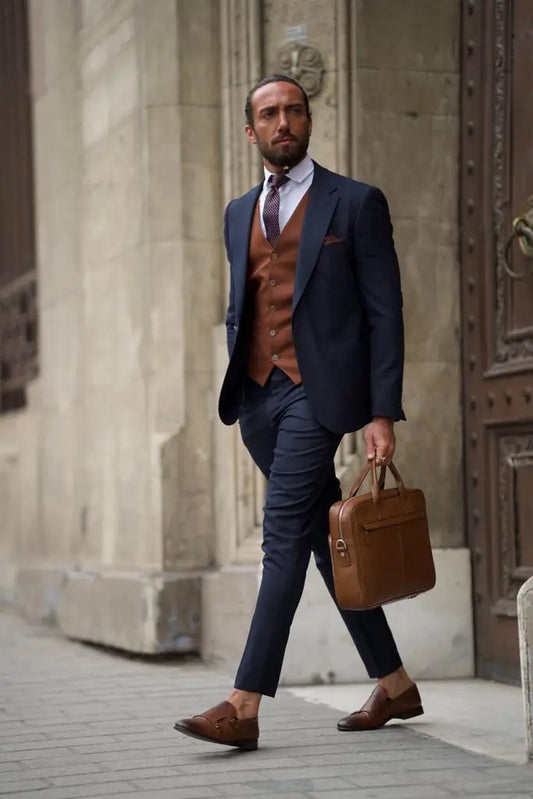 Sorento Dark Blue Slim Fit Pinstripe Combination Suit brabion