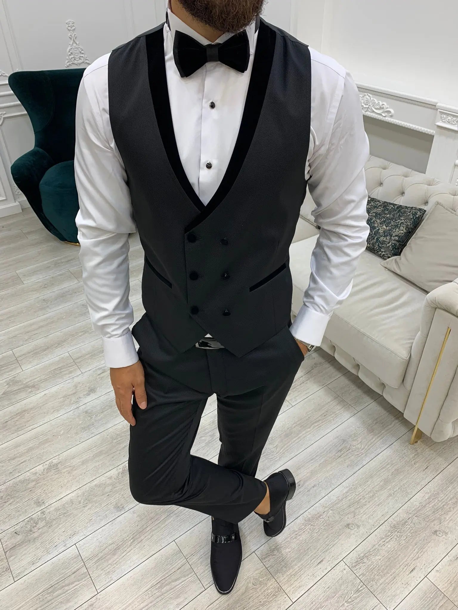 Infinite Black Slim Fit Velvet Shawl Lapel Tuxedo - BRABION