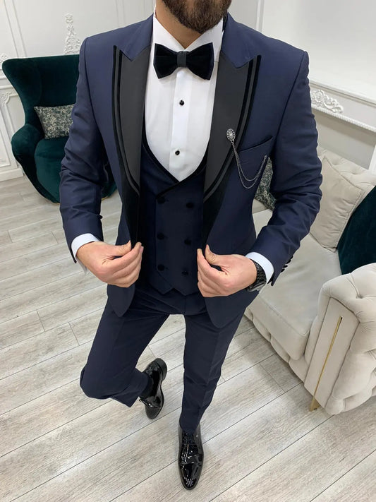 Eden Navy Blue Slim Fit Velvet Satin Peak Lapel Tuxedo - BRABION