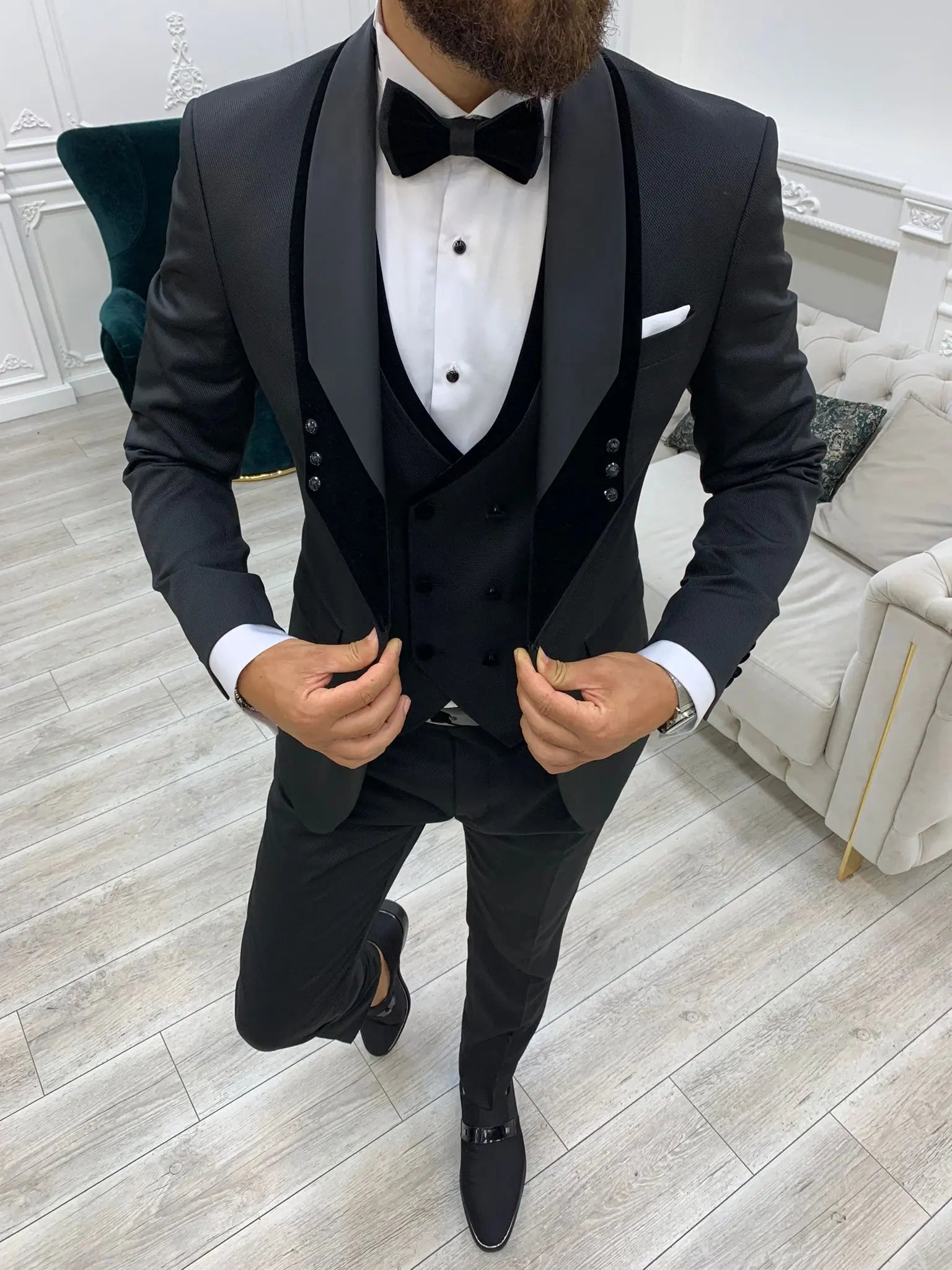 Infinite Black Slim Fit Velvet Shawl Lapel Tuxedo - BRABION