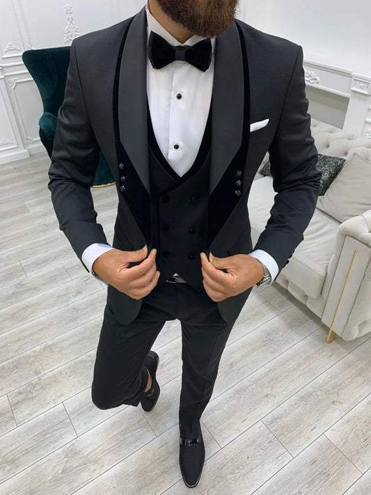 Infinite Black Slim Fit Velvet Shawl Lapel Tuxedo - BRABION