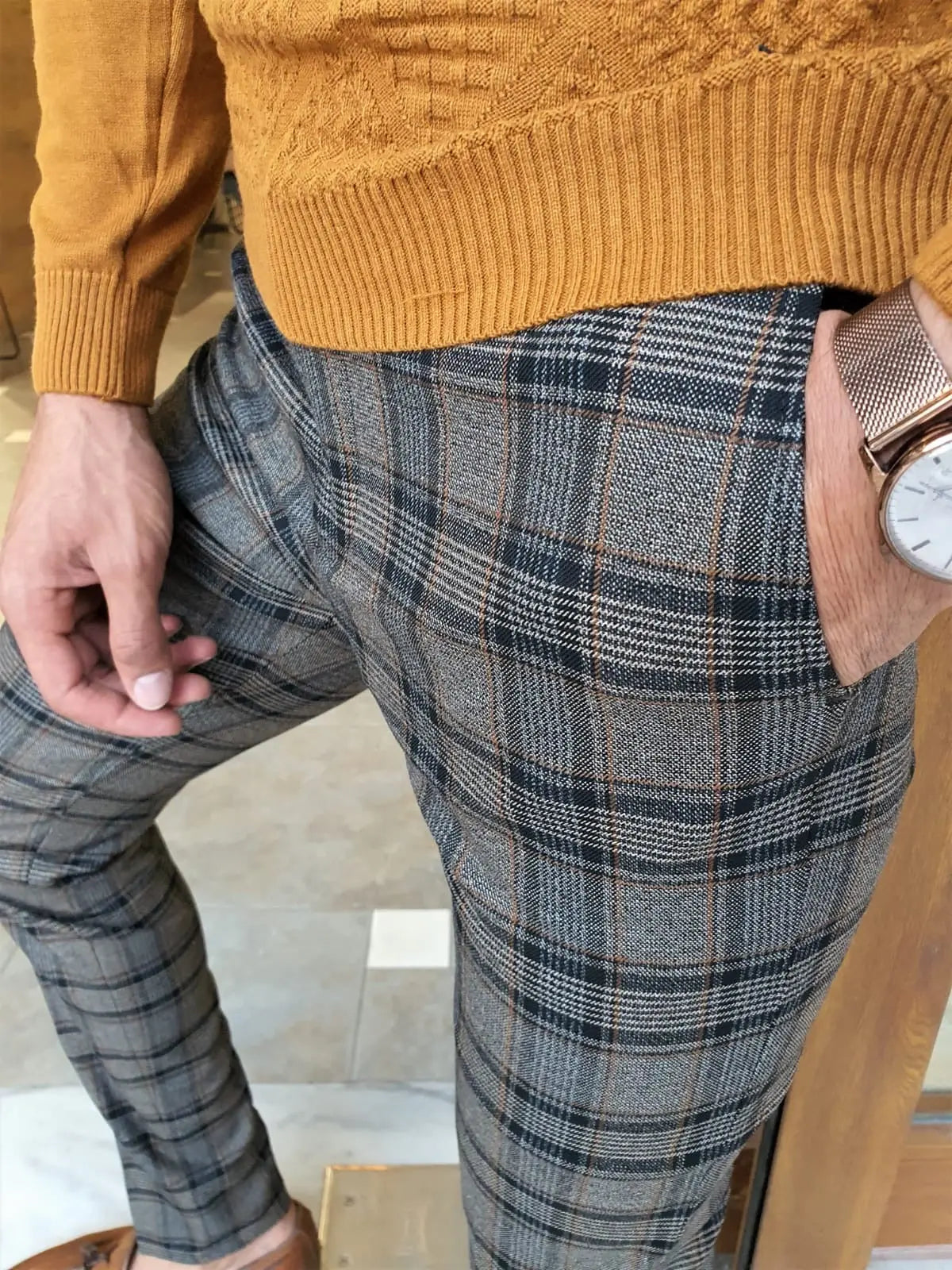 Henderson Camel Slim Fit Plaid Pants for the Modern Man - BRABION