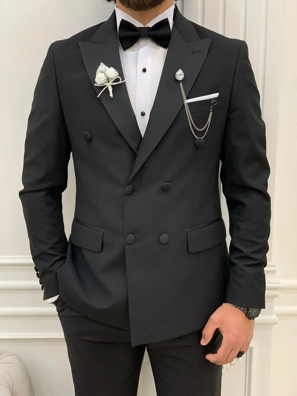 Forte Black Slim Fit Double Breasted Peak Lapel Tuxedo - BRABION