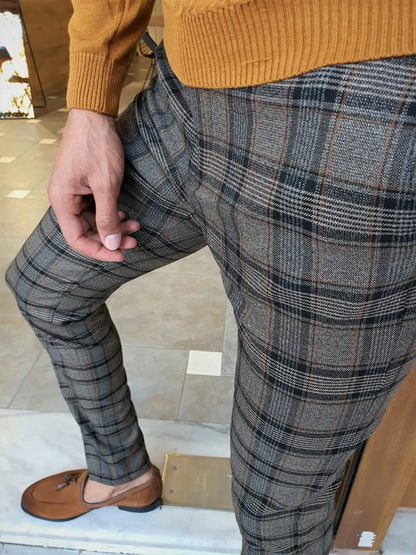 Henderson Camel Slim Fit Plaid Pants for the Modern Man - BRABION
