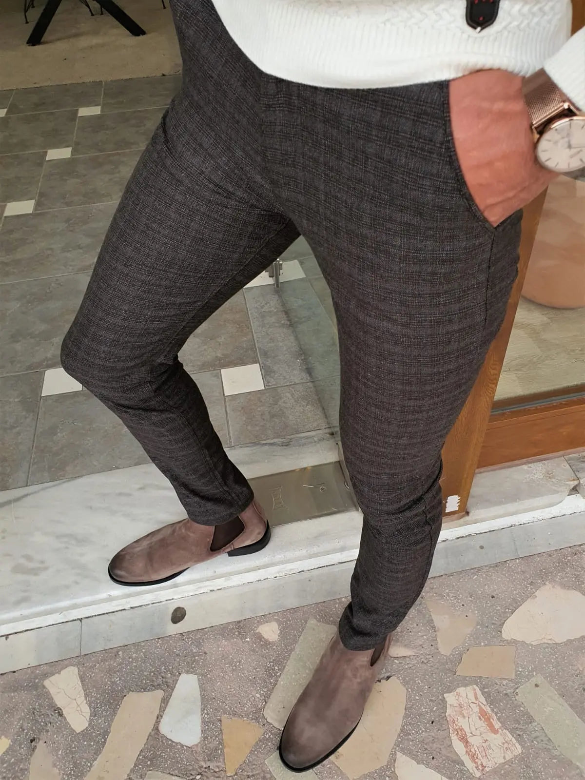 Henderson Brown Slim Fit Plaid Cotton Pants - BRABION