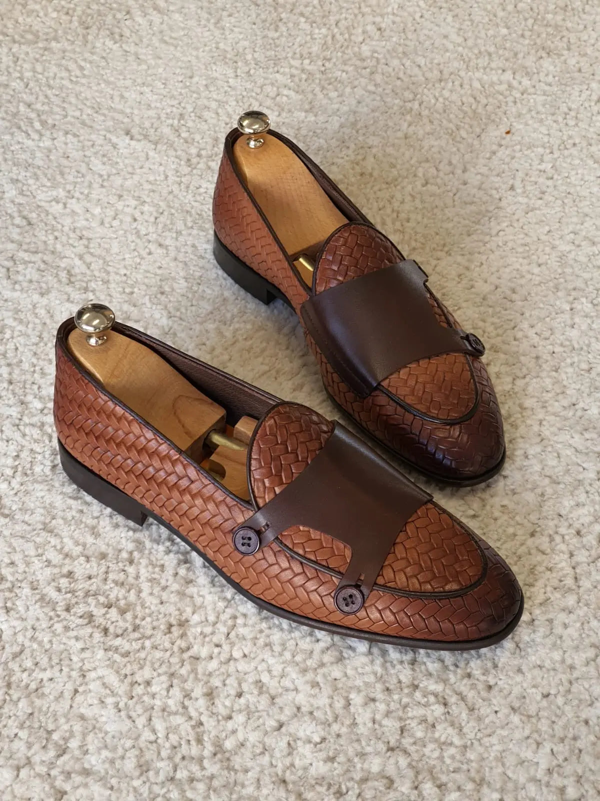Bristol Tan Woven Leather Double Monk Strap Loafers - BRABION
