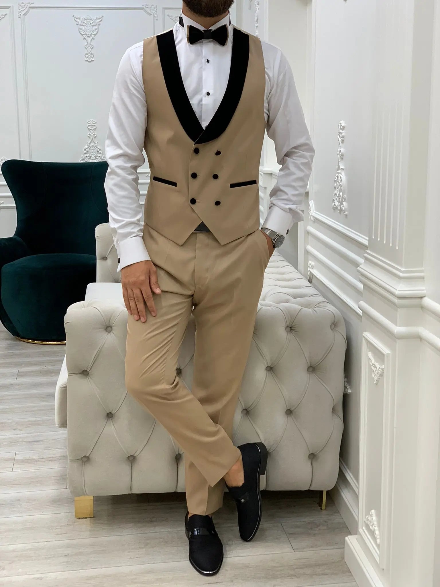 Mark Golden Slim Fit Velvet Peak Lapel Tuxedo - BRABION