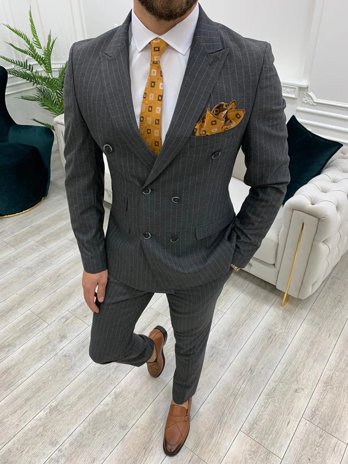 Milano Gray Slim Fit Double Breasted Pinstripe Suit BOJONI