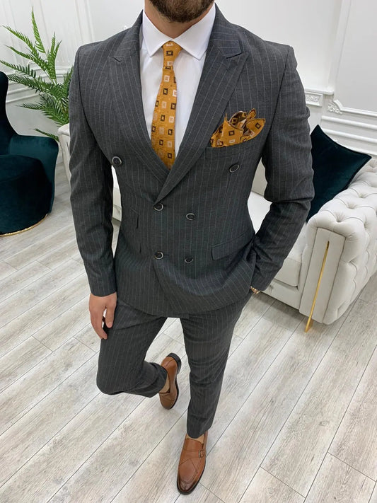Milano Gray Slim Fit Double Breasted Pinstripe Suit BOJONI