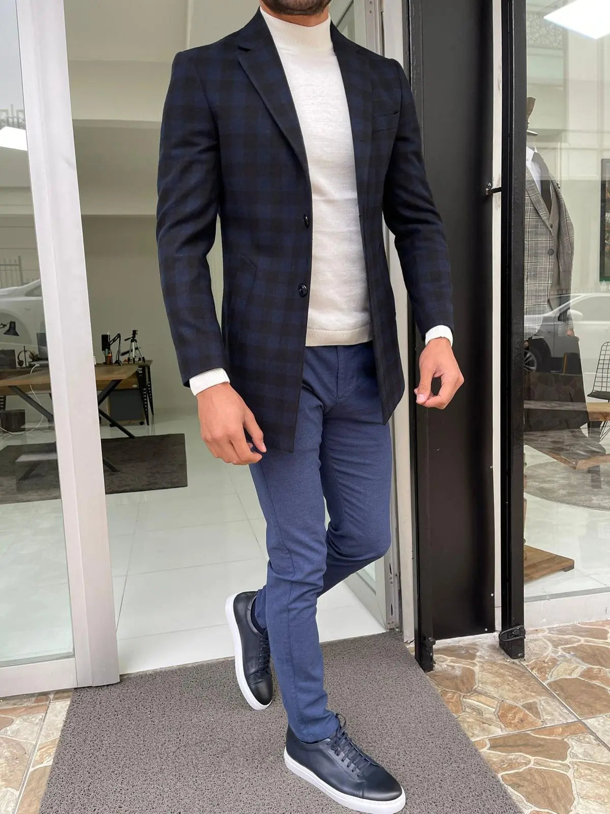 Melbourne Navy Blue Slim Fit Plaid Wool Long Coat - BRABION