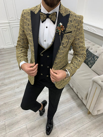 Caesar Golden Slim Fit Peak Lapel Floral Patterned Tuxedo - BRABION