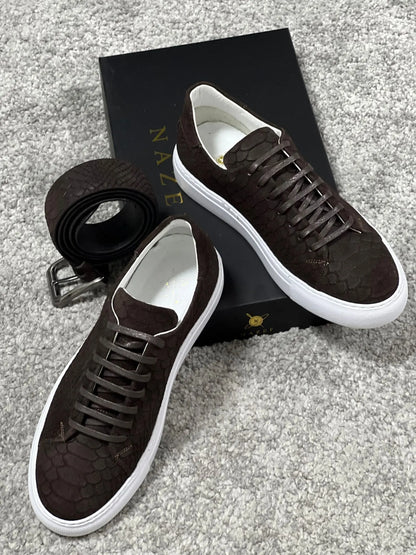 Lenzi Special Edition Suede Print Leather Brown Sneakers - BRABION