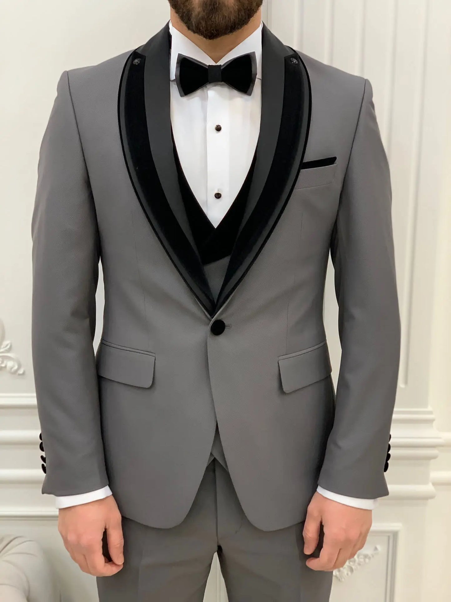 Eden Gray Slim Fit Velvet Satin Shawl Lapel Tuxedo - BRABION