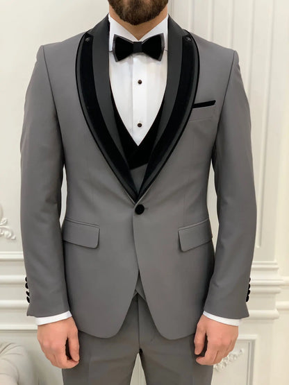 Eden Gray Slim Fit Velvet Satin Shawl Lapel Tuxedo - BRABION