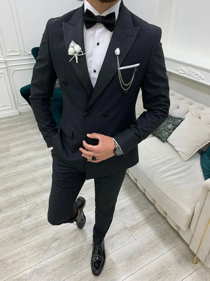 Forte Black Slim Fit Double Breasted Peak Lapel Tuxedo - BRABION