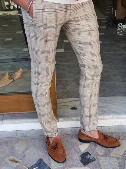 Montreal Brown Slim Fit Plaid Pants: Elegant Versatility for Every Occasion - BRABION