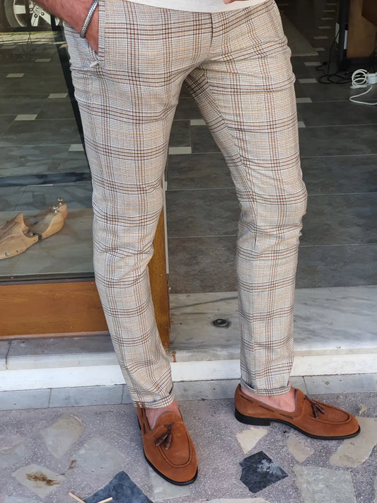 Montreal Brown Slim Fit Plaid Pants: Elegant Versatility for Every Occasion - BRABION