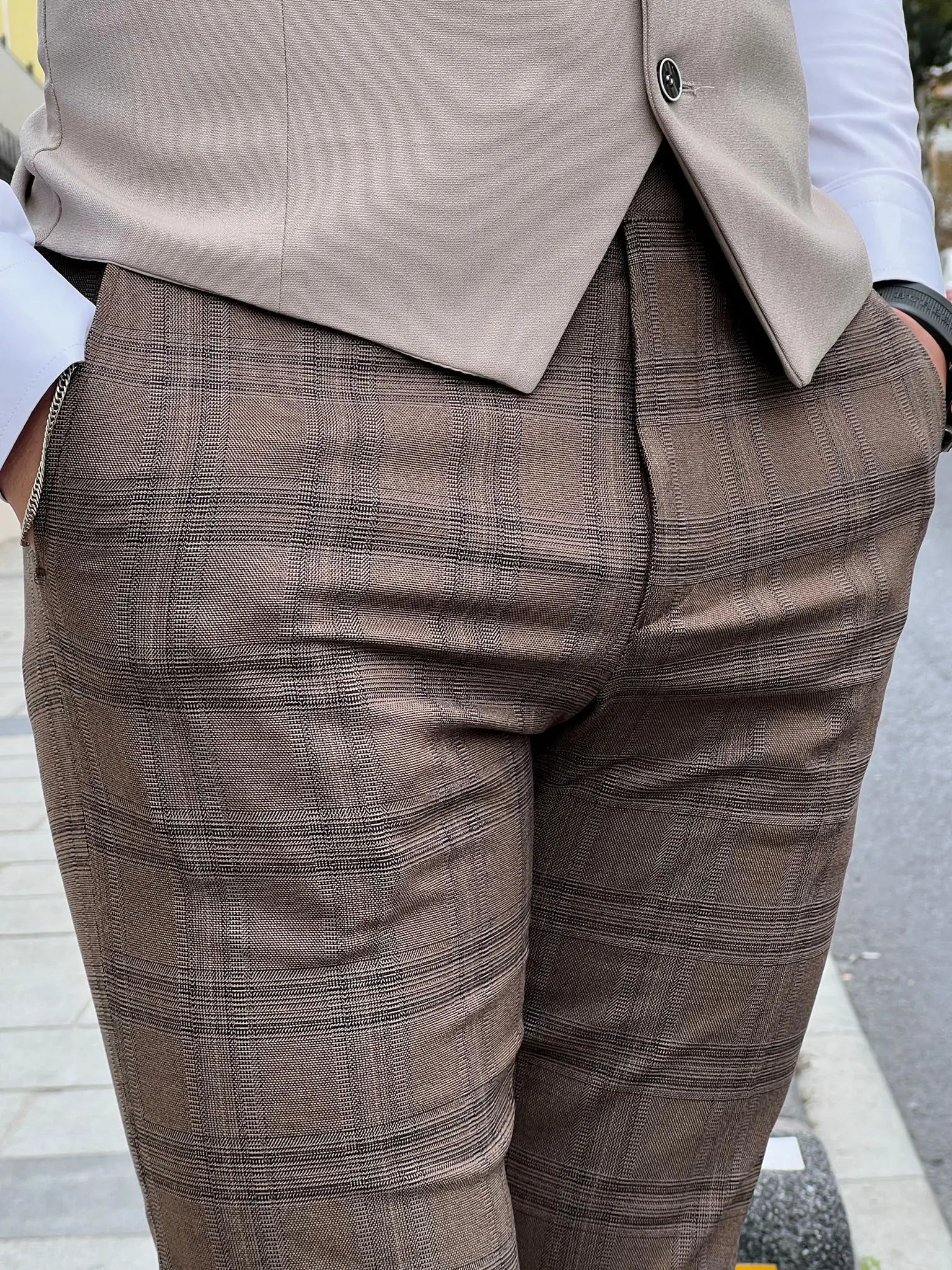 Fabio Brown Plaid Slim Fit Woolen Pants - BRABION