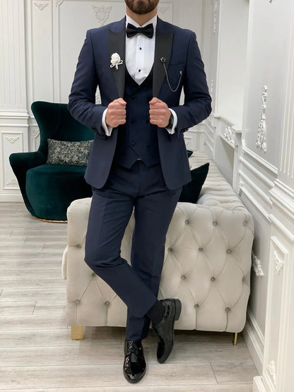 Eden Navy Blue Slim Fit Peak Lapel Tuxedo - BRABION