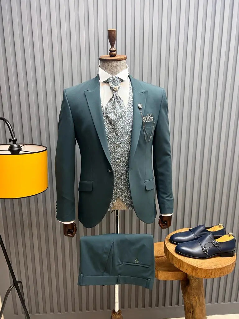 Sorento Green Slim Fit Floral Peak Lapel Groom Suit - BRABION