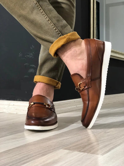 Heritage Buckle Detail Tan Loafers - BRABION