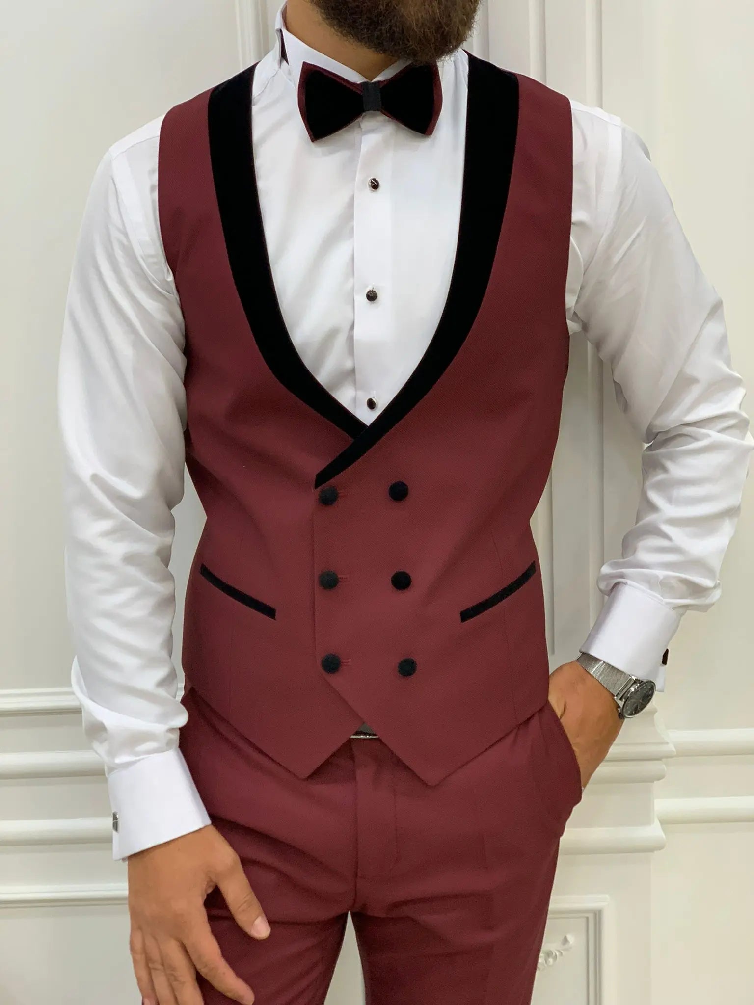 Lazio Burgundy Slim Fit Velvet Shawl Lapel Tuxedo - BRABION