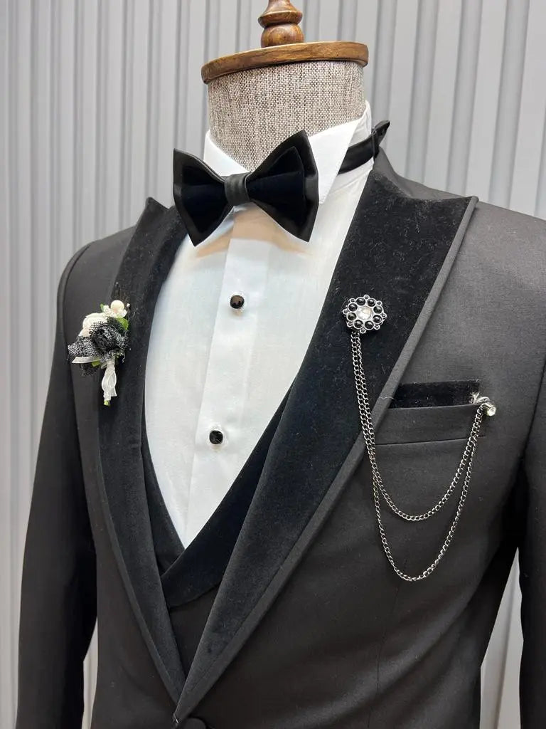 Sorento Black Slim Fit Velvet Peak Lapel Tuxedo – Elegant Formalwear for Men - BRABION