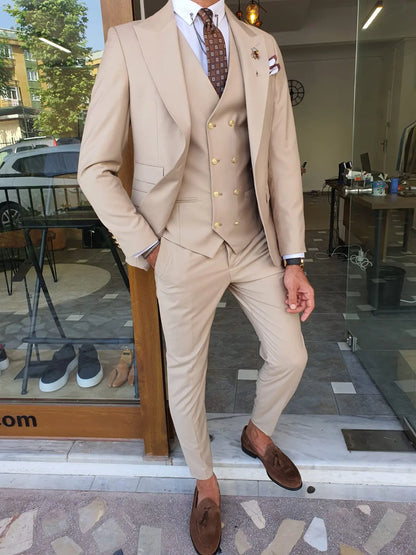 Boston Beige Slim Fit Peak Lapel Wool Suit - Elevate Your Wardrobe BOJONI